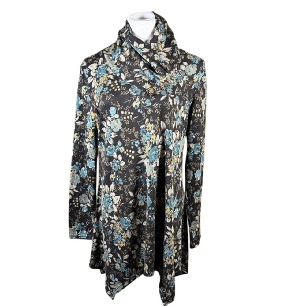 Cestyle Womens XL Floral Cowl Neck Button Tunic Sharkbite Hem Long Sleeve Top‎